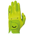 A bright yellow glove with a snug fit has a textured surface and a flexible design showing a fingerless section on the thumb and an adjustable wrist strap for secure wearing.