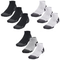 A collection of six pairs of athletic socks displayed in two rows features three black pairs and three white pairs each with contrasting toe and heel designs on a white background.