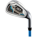 A golf club head is displayed at an angle showcasing its shiny silver surface with black and blue design elements and the text DCT indicating its model within a plain background.