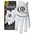 A white golf glove is displayed prominently on a black card, showcasing its features and brand. The glove has perforations and a logo on the wrist, emphasizing comfort and performance.