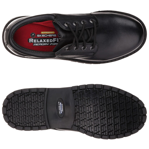 A black shoe with laces sits flat with a textured sole visible below. The inside has red padding labeled with "SKECHERS RELAXEDFIT MEMORY FOAM."