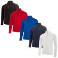 Five athletic long sleeve shirts are displayed in a row each with a quarter zip and different colors including black red blue navy and white with a logo on the chest