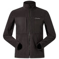 A black fleece jacket with a high collar features two chest pockets and side hand pockets, suitable for outdoor activities in cool environments, emphasizing comfort and warmth.