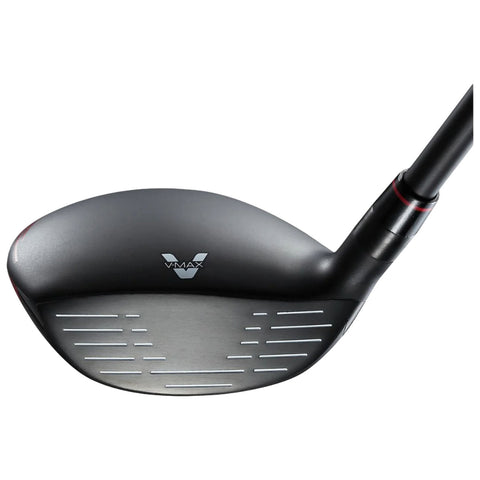 A golf club head is seen from above showing a sleek black surface and white markings for alignment the context suggests it is designed for use in golfing environments