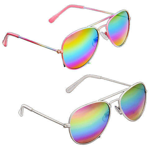 Two pairs of aviator sunglasses are displayed showcasing colorful mirrored lenses with a gradient effect The top pair has pink accents while the bottom pair features a silver frame