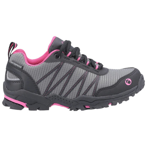 A waterproof shoe features a grey upper with black and pink accents showcasing a durable sole designed for traction suitable for outdoor activities in varied environments.