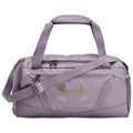 A purple duffel bag features multiple zippered compartments and a shoulder strap with a sturdy handle displaying the Under Armour logo on the front for sporty use.