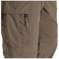 Cargo pants with a zippered pocket are positioned prominently displaying their fabric texture and stitching details in a neutral brown color suggesting a functional outdoor or workwear context.