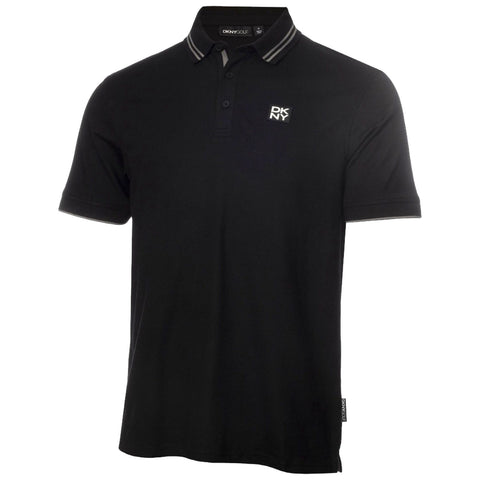 A black polo shirt with short sleeves features a collar and a DKNY logo on the left chest area. It has contrasting stripes on the collar and sleeve edges.