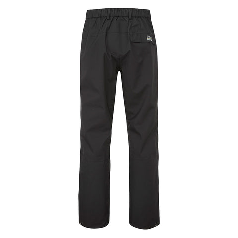 Black waterproof pants hang upright showcasing a simple design with an elastic waistband and a single back pocket set against a neutral background suggesting outdoor or rain gear usage.