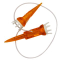 Two orange plastic tools connected by a string are displayed. Each tool has a pointed end and a broader end with small protrusions. They appear to be used for sewing or fishing.