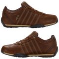 Brown athletic shoes are positioned from the front and back showcasing the smooth leather upper and textured sole ideal for casual wear and light activities. K-Swiss branding is visible.