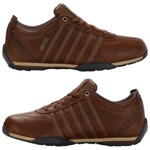 Brown athletic shoes are positioned from the front and back showcasing the smooth leather upper and textured sole ideal for casual wear and light activities. K-Swiss branding is visible.