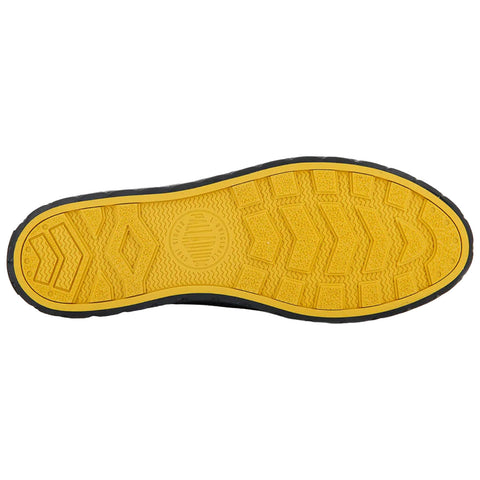 A shoe sole features a textured yellow rubber surface designed for grip and traction while resting on a flat surface showcasing its shape and tread pattern.