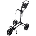 A black golf trolley stands upright with three large wheels and a handle. It's designed for carrying golf bags on the course, showcasing a modern and functional structure.