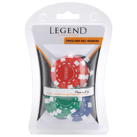 A clear plastic packaging contains three poker chip ball markers colored red green and blue with white accents labeled Legend Golfgear showcasing their function as golf markers in a recreational context