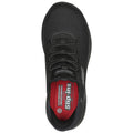 Black athletic shoe with a mesh upper features elastic laces and a red interior label highlighting slip-resistant qualities placed on a plain background.