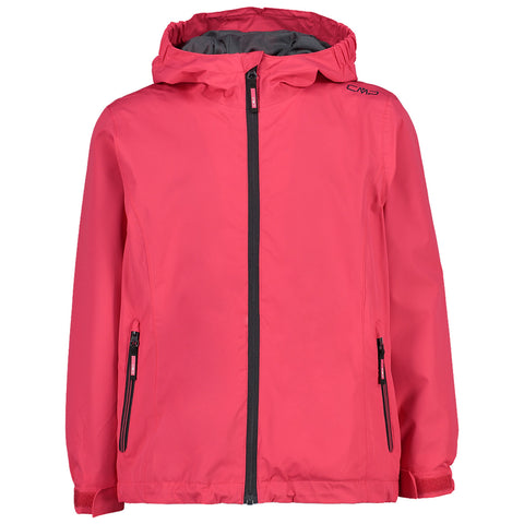 A bright pink jacket is displayed featuring a hood and a front zipper. It has two zippered side pockets and is designed for outdoor use. The background is plain and neutral.