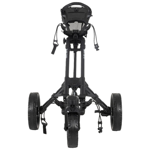 A black golf pushcart stands upright with three wheels visible the handle and seat area are positioned at the top showcasing an organized design intended for carrying golf bags on a course.