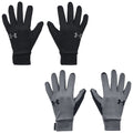 Two pairs of athletic gloves are displayed side by side with one pair in black and one in gray featuring the Under Armour logo on each glove