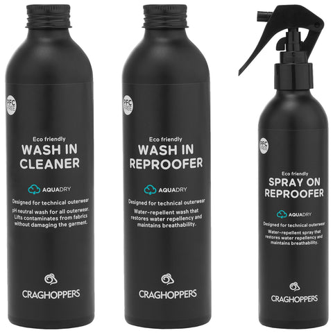 Three black spray bottles are arranged in a row. Each bottle contains eco-friendly cleaning or repelling solutions for outdoor wear. The labels describe their functions and usage instructions clearly.