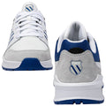 White and blue athletic shoes are displayed upright showcasing lace fastening and mesh detailing while the logo is visible on the side and back against a plain background