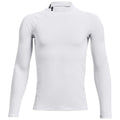 A long-sleeve white athletic shirt is displayed hanging in a neutral setting showcasing a fitted design with a high neckline and a small logo in the upper left corner.