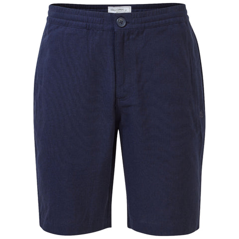 Navy blue shorts with an elastic waistband and a button feature a smooth fabric texture and a small logo on the side designed for casual or outdoor wear.