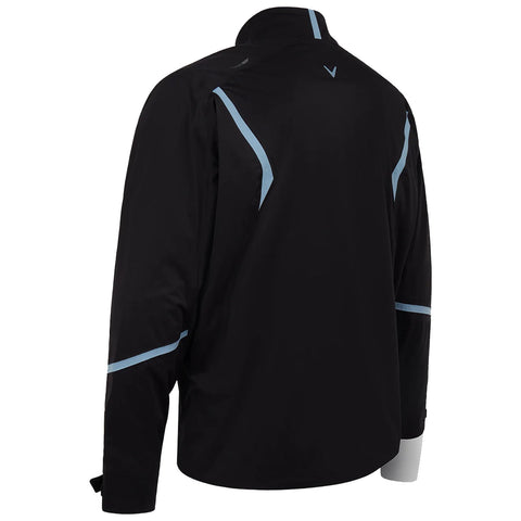 A black long-sleeve jacket features light blue accents along the shoulders and sleeves designed for outdoor wear displayed against a plain white background.