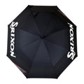 A black umbrella with eight panels opens widely featuring the logo "Srixon" prominently displayed in white along one side in a simple design against a plain backdrop.