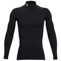 A black long-sleeve athletic shirt is displayed standing upright showing a high collar and snug fit perfect for physical activities or layering in cooler conditions.