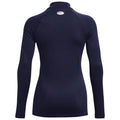 A long-sleeve athletic shirt is displayed with a high collar and a fitted design featuring a logo on the back. The shirt is dark navy in color and appears flexible.