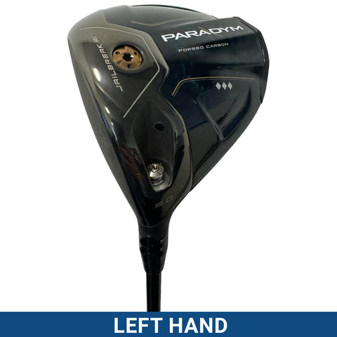 A golf driver with a sleek black head features the word PARADYM and shows a left-handed orientation while a labeled panel reads LEFT HAND in blue at the bottom.