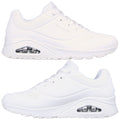 A pair of white athletic shoes features a sleek design with perforated accents and a visible air cushion in the sole positioned against a plain background.