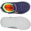 A pair of navy blue sneakers with orange and neon green accents are displayed from top and bottom perspectives showcasing their mesh upper and textured white rubber sole marked with the brand name Skechers.