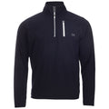 A dark navy fleece pull-over with a high collar features a zippered neck and a chest pocket. It is displayed against a neutral background highlighting its design.