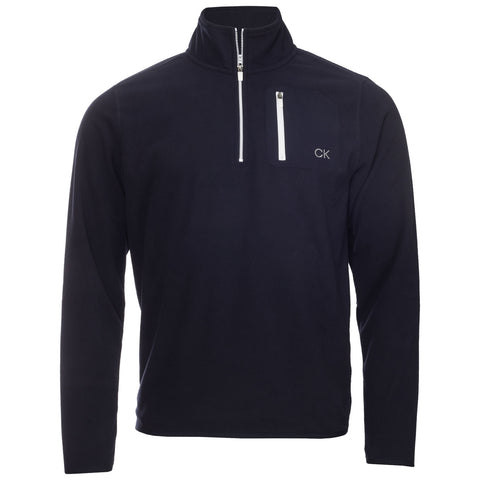 A dark navy fleece pull-over with a high collar features a zippered neck and a chest pocket. It is displayed against a neutral background highlighting its design.