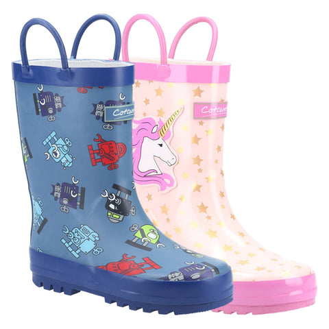 A pair of colorful rubber rain boots are displayed side by side the blue boot features a robot design while the pink boot has a unicorn and star pattern