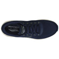 A navy blue athletic shoe featuring a mesh upper lacing system is positioned flat with an insole labeled Skechers Air Cooled Arch Fit visible in the interior context