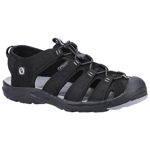 Black sports sandal features a closed toe and multiple adjustable straps with a textured sole for grip designed for outdoor activities in casual settings.