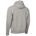 A gray hoodie is displayed from the back showcasing its fabric texture and design details like the hood and cuffs in a neutral setting without distractions.