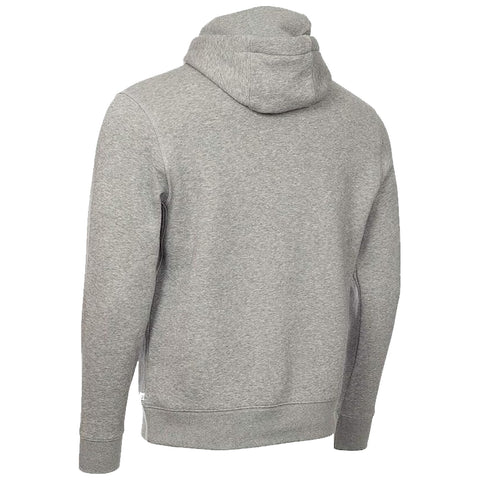 A gray hoodie is displayed from the back showcasing its fabric texture and design details like the hood and cuffs in a neutral setting without distractions.