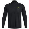 A black long-sleeve athletic shirt with a quarter-zip collar is displayed prominently featuring a bright green logo on the upper left side designed for sports or casual wear.