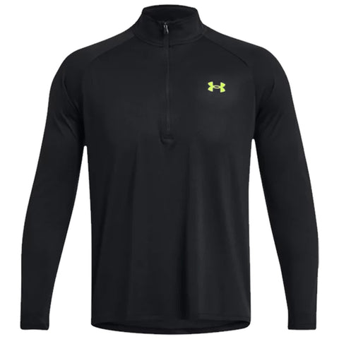 A black long-sleeve athletic shirt with a quarter-zip collar is displayed prominently featuring a bright green logo on the upper left side designed for sports or casual wear.