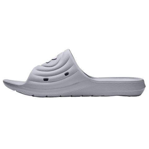 A light gray slide sandal features a wave-like textured upper and multiple ventilation holes the design suggests comfort and casual use in a relaxed, indoor or outdoor setting