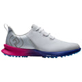 A white athletic shoe with a gradient sole transitioning from pink to blue is displayed. The design features a logo on the side and textured materials for traction and support.