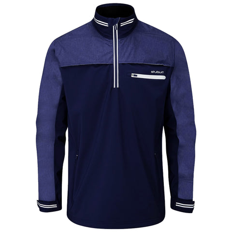 A navy pullover jacket with a half-zip design features a contrasting denim-like upper section and white striped accents on the collar and sleeve cuffs.