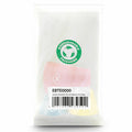 A transparent biodegradable package contains colorful tea bags with a triangle shape inside. Labels display product information and a barcode along with a green biodegradable packaging symbol.