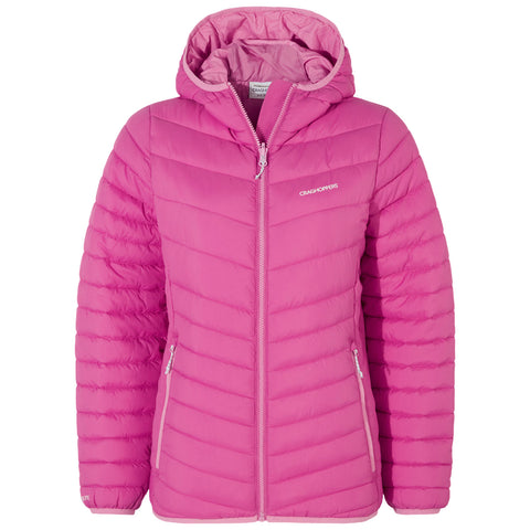 A person in a pink puffer jacket is zipping it up while turning their head slightly to the side in a bright, neutral background.