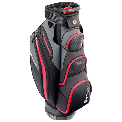 A black and gray golf bag stands upright featuring multiple compartments and red accents while showcasing a sleek design suitable for carrying golf equipment on the course.